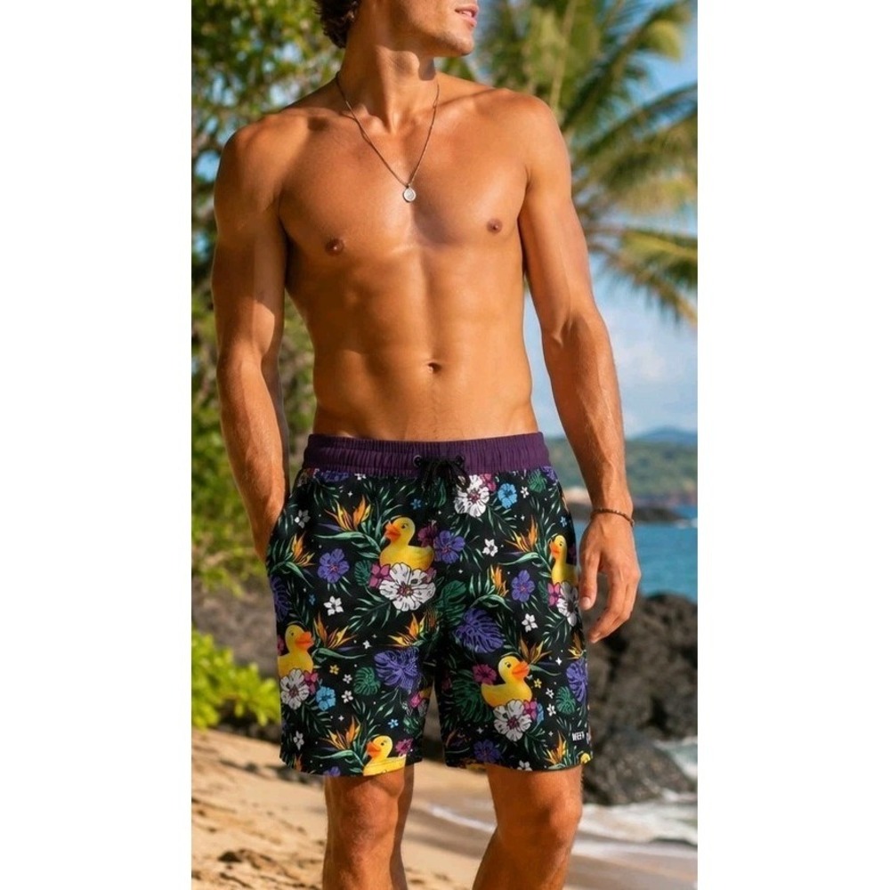 Neff Rubber Duck Swim Trunks Tropical Floral Hawaiian Beach Shorts Men's M
